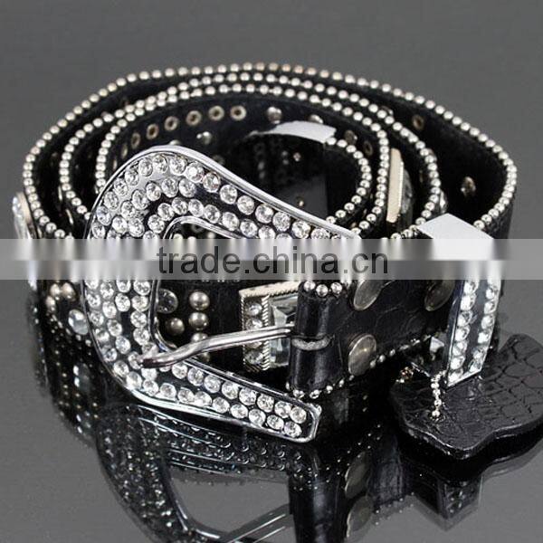 Genuine Leather Crystal Cross Accent Fashion Belt