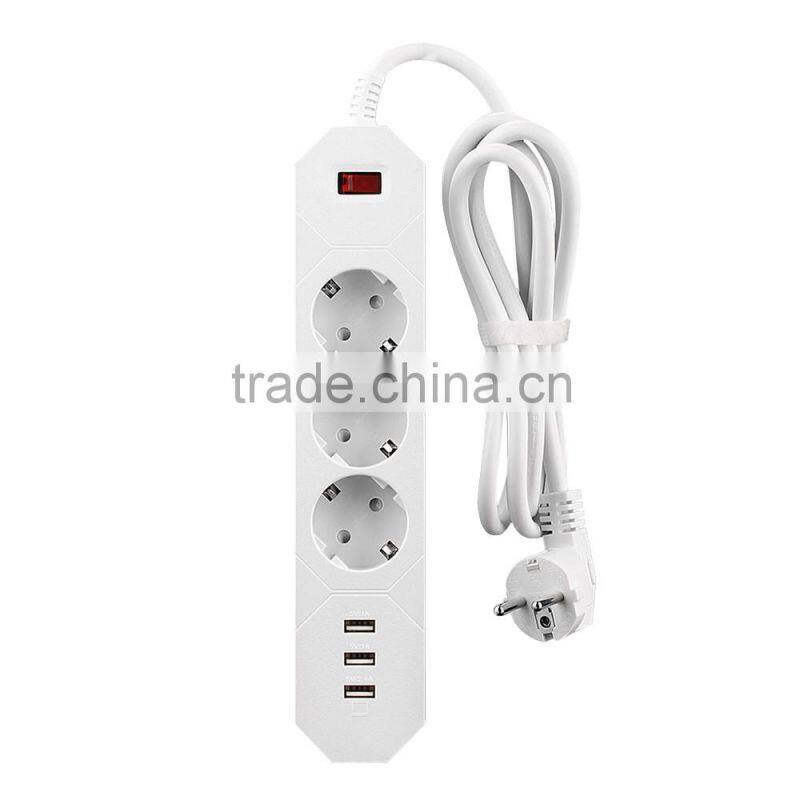 Euro German 3 way power plug socket 3 port usb 100v-250v 16a cable voltage surges protected