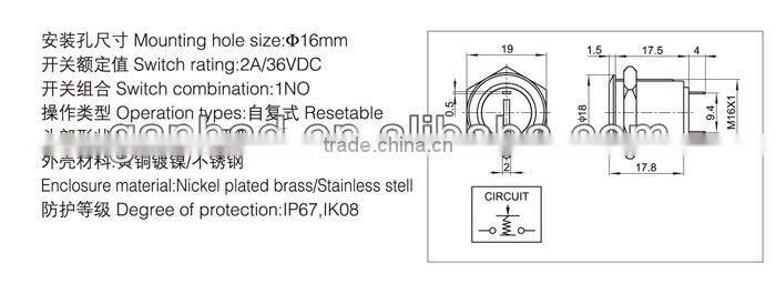 Dot illuminated 16mm push button switch