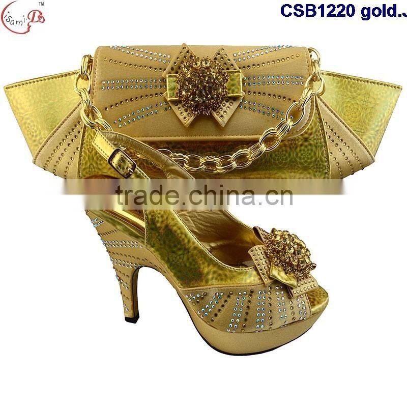 CSB1220 2016 Guangzhou wholesaler latest style fashion african design high heel lady shoes matching bag with rhinestone