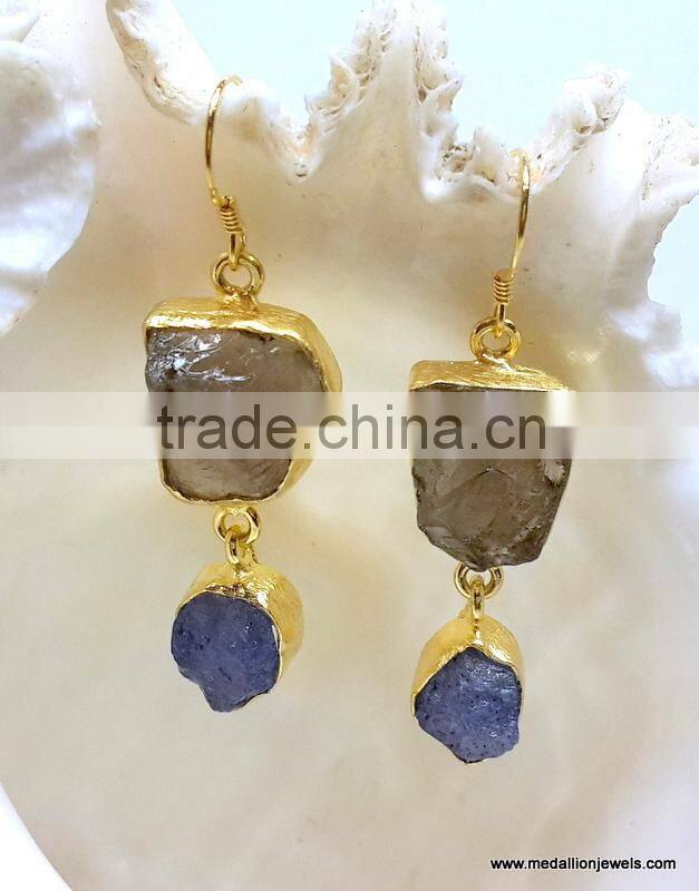 Smoky Quartz & Crystal Quartz Facet Gemstone Earrings, 925 Solid Sterling Silver Earring, Designer Two Stone Dangle Earrings