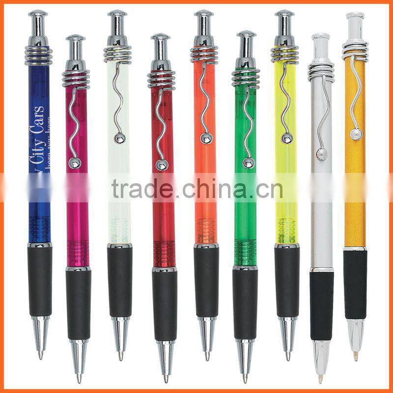Exhibition Conference Custom Wired Clip Plunger Action Ballpoint Pen With Rubber Grip Ball Pen Supplier