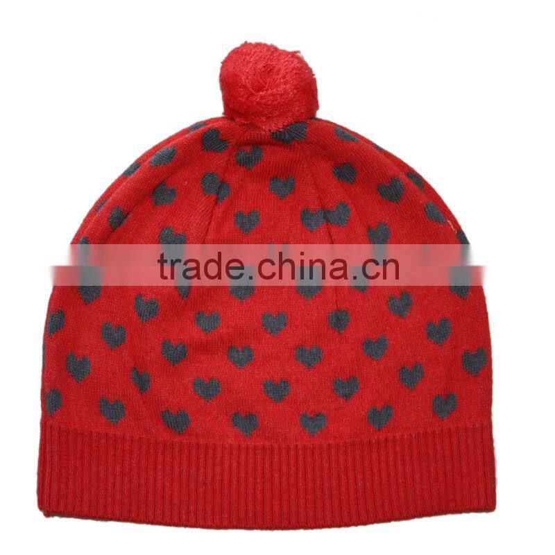 girls red and black heart pattern jacquard hat and cap with top ball and button