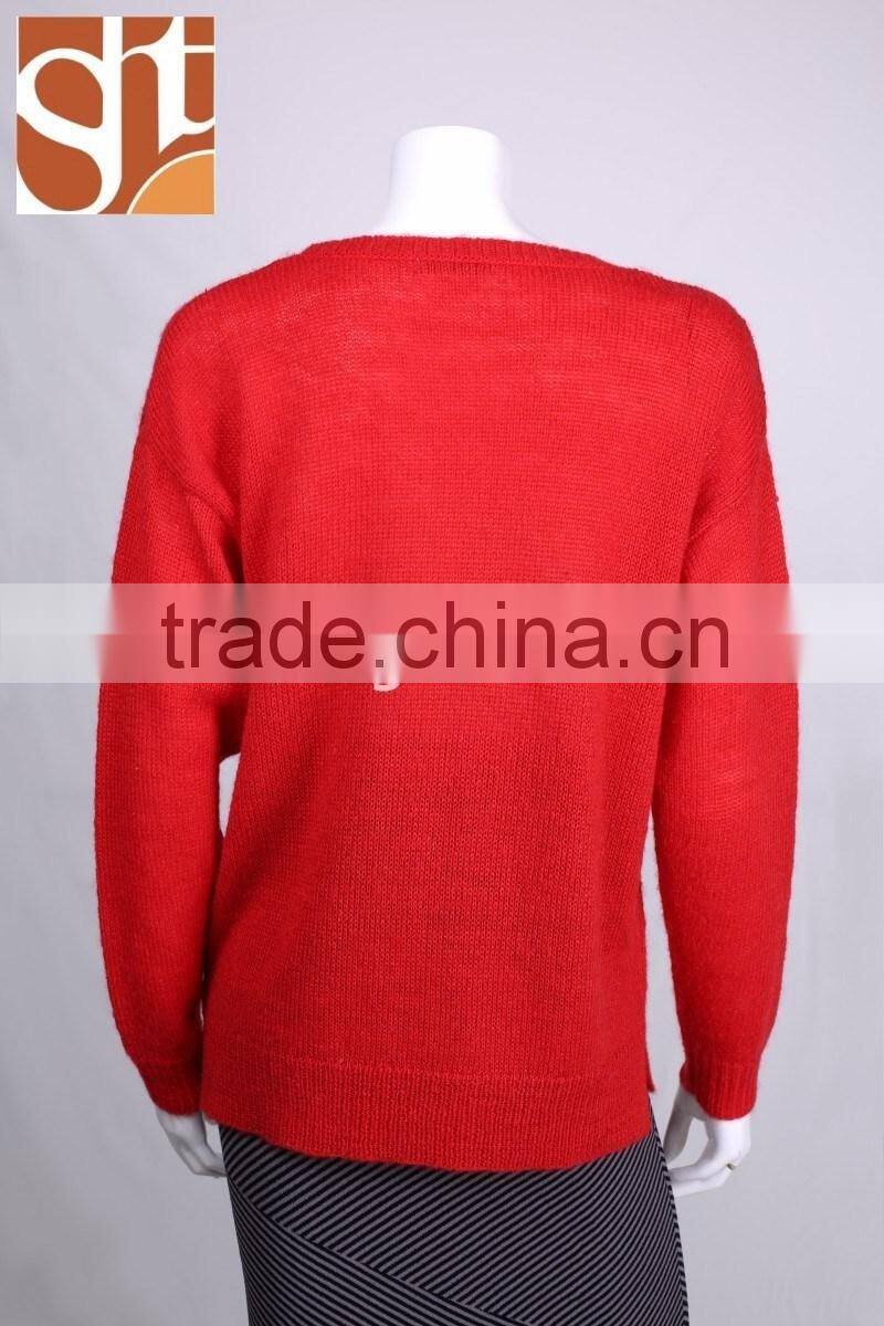 Chinese product womens' round neck long sleeve pullover knitted sweater with jacquard &beads
