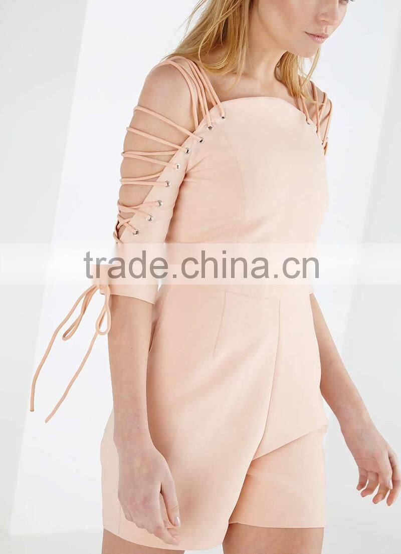 Pink middle sleeve tie frenum wholesale price short jumpsuit