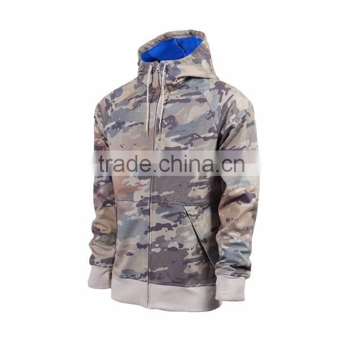 Custom Street Wear Pocket Front Men Camo Printed Full Zip Hoodie
