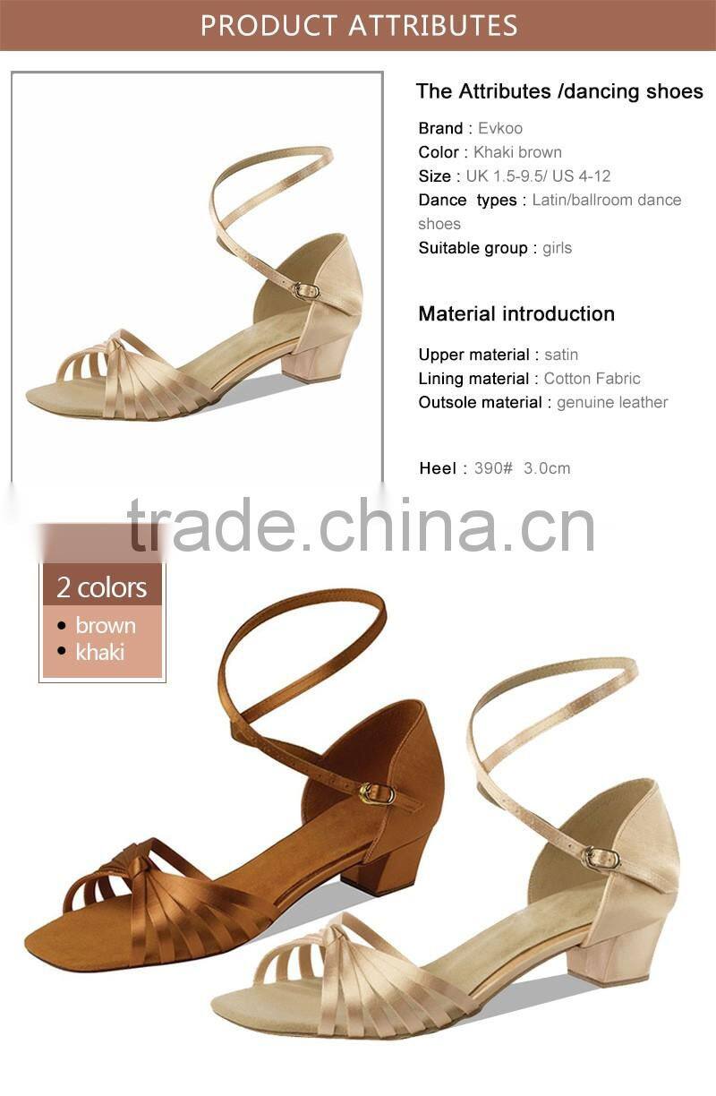Factory cheap Latin dance shoes for girls satin long strap 3cm low heel children soft dance shoes