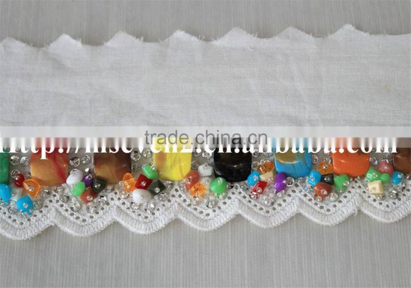 100% cotton water soluble lace trim with colorful beaded design for sale