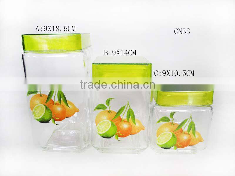 500-970ml transparent square with fruit decal glass cookie jar