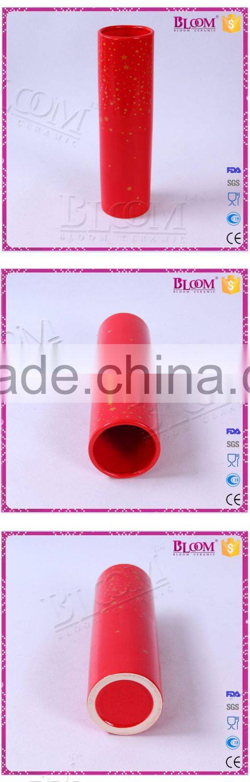 Simple design red cylindrical ceramic tall vase flower