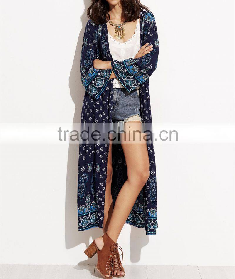 high fashion Long Sleeve cardigan jacket kimono Paisley Print Long Maxi Kimono