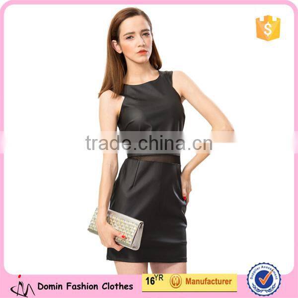 2015 New Fashion Mesh Insert synthetic Leather Dress for Women
