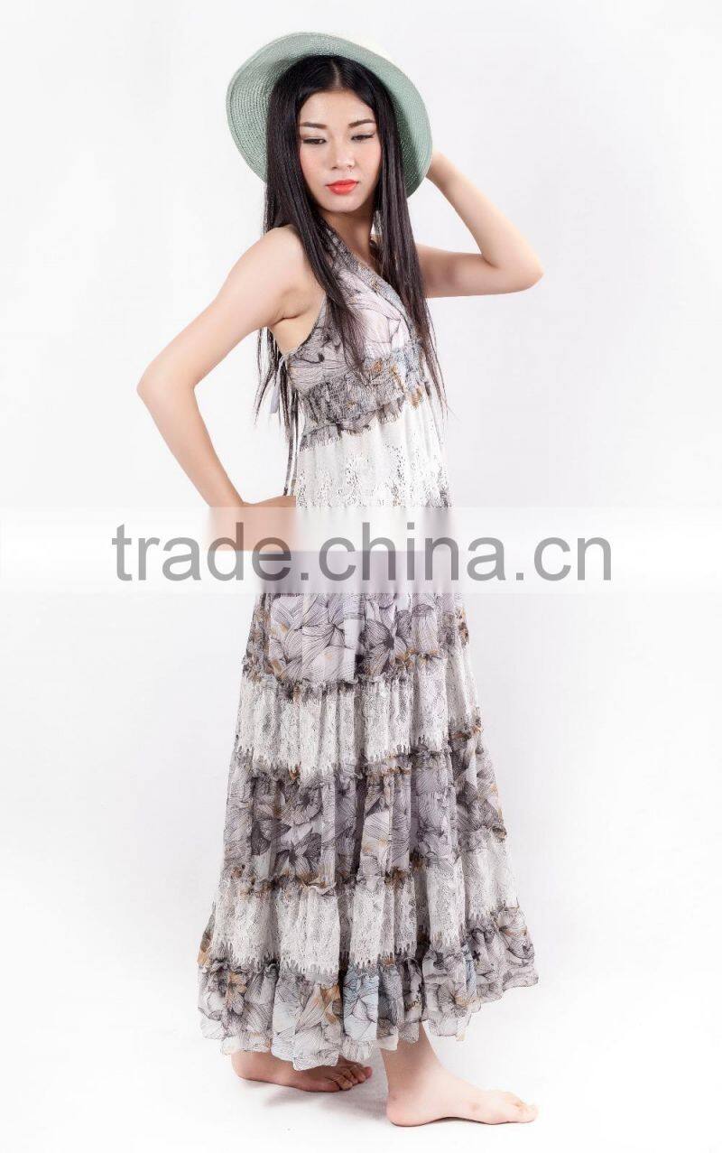 Long hawaiian maxi women dress decorated with lace