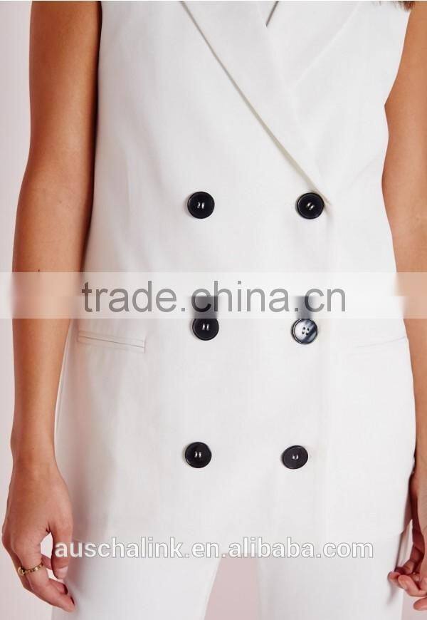 women fancy white sleeveless double breasted slim fit blazer