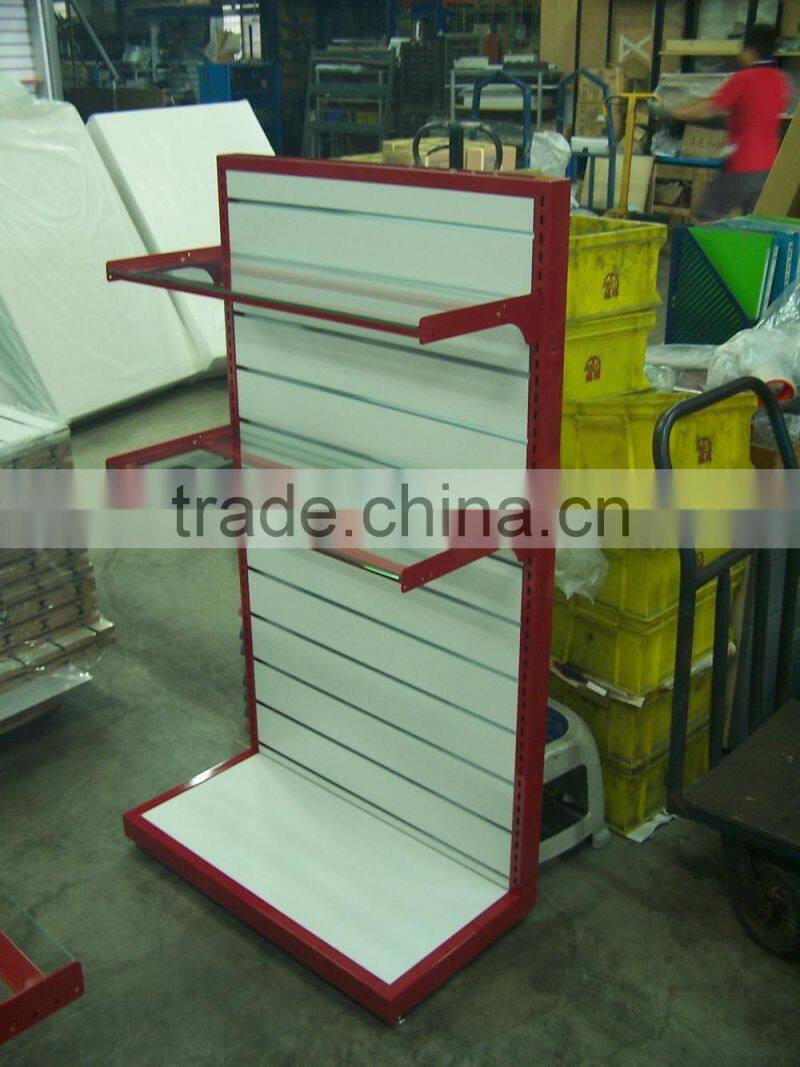 Red gondola shelving