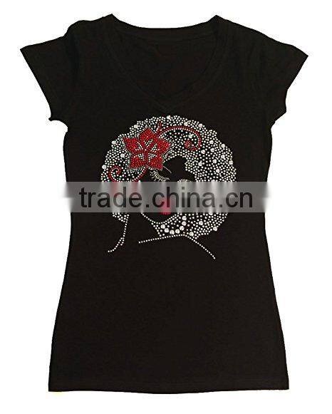 Women's T-shirt with " Afro Girl with Red Rose " in Rhinestones