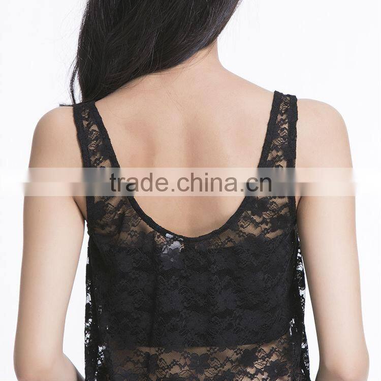 2017 Casual Black Lace Sleeveless Blouse W/ White Words Print