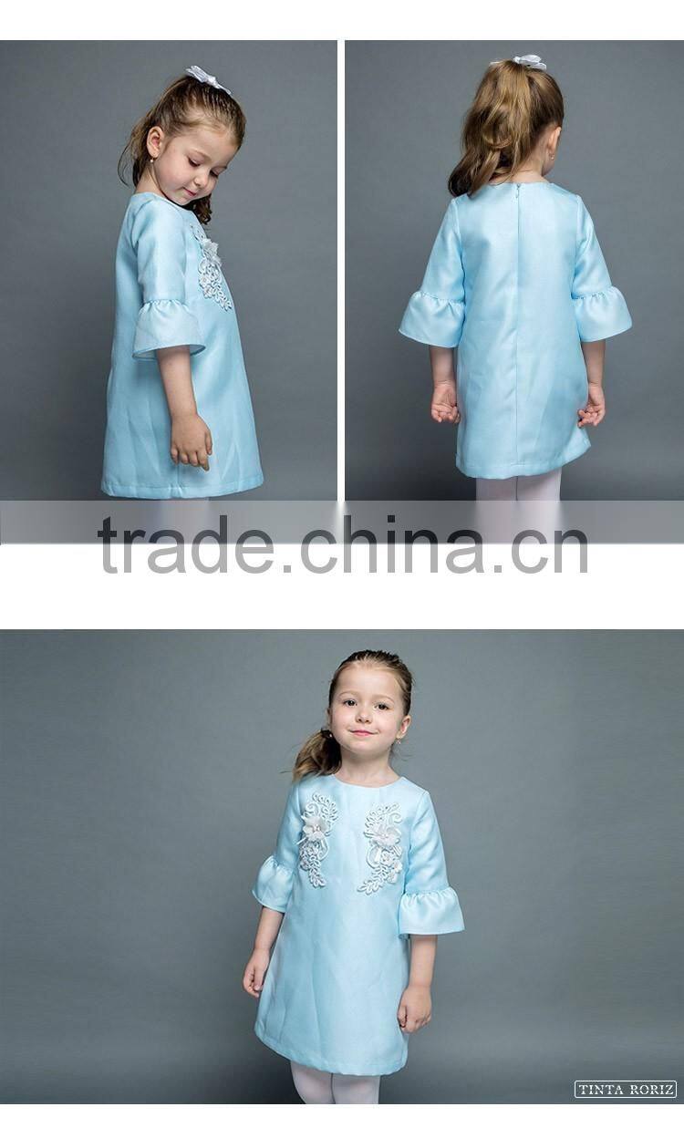 Girls A-line Puff Sleeve Dresss With Flower Pattern Blue Stain Dress Designs For Girl OEM Service