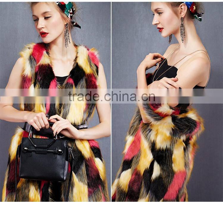 2016 Europe New design colourful warm and soft faux fox fur long coat faux fur overcoat without sleeves