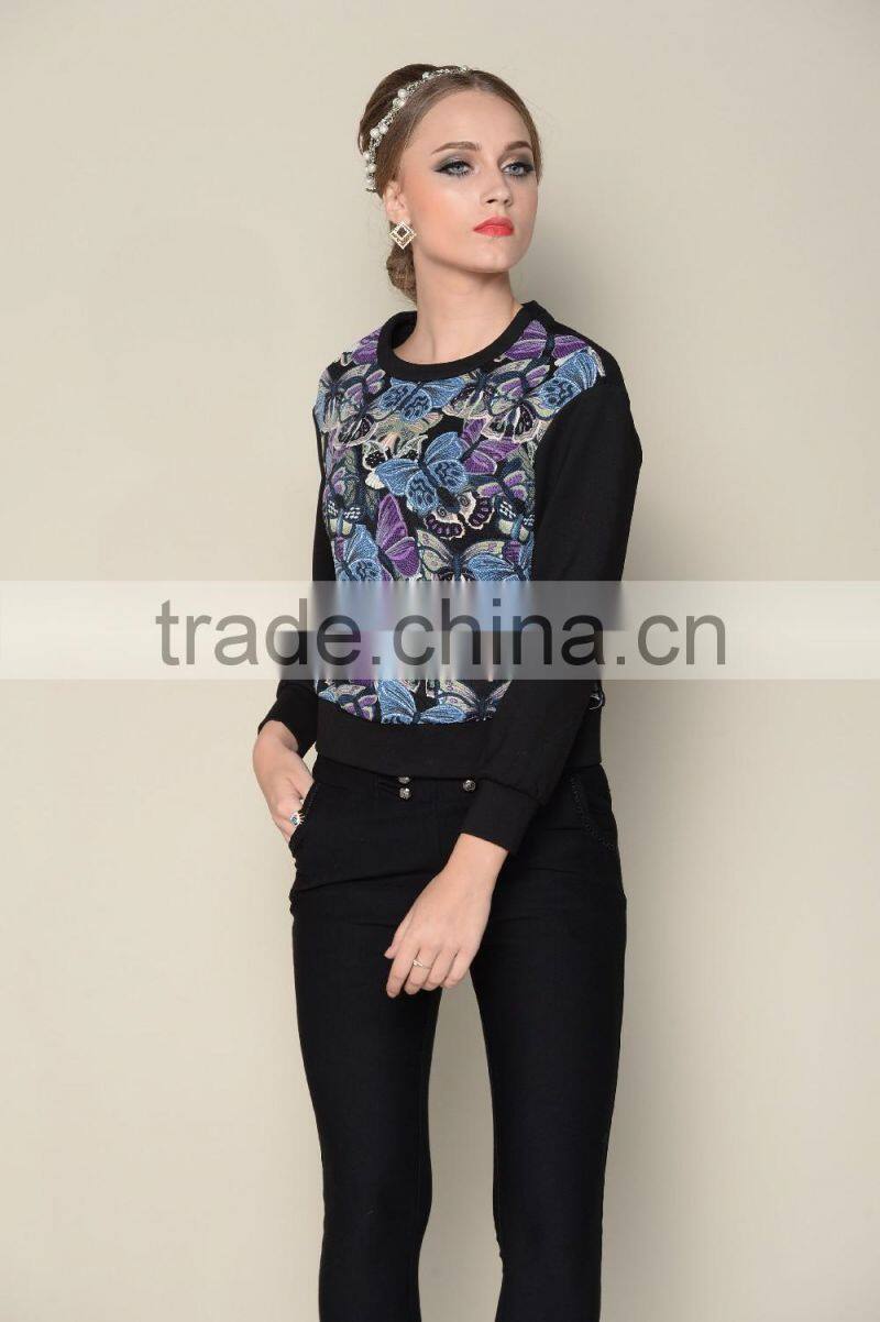 latest black long sleeve floral printing women designer blouse patterns