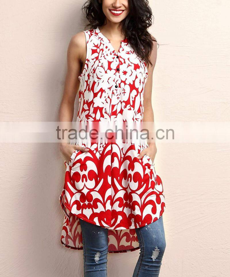 Factory Price Women Outwear With Red And White Floral Button-Front Sleeveless Tunic Women Tops Women Clothing GD90426-33