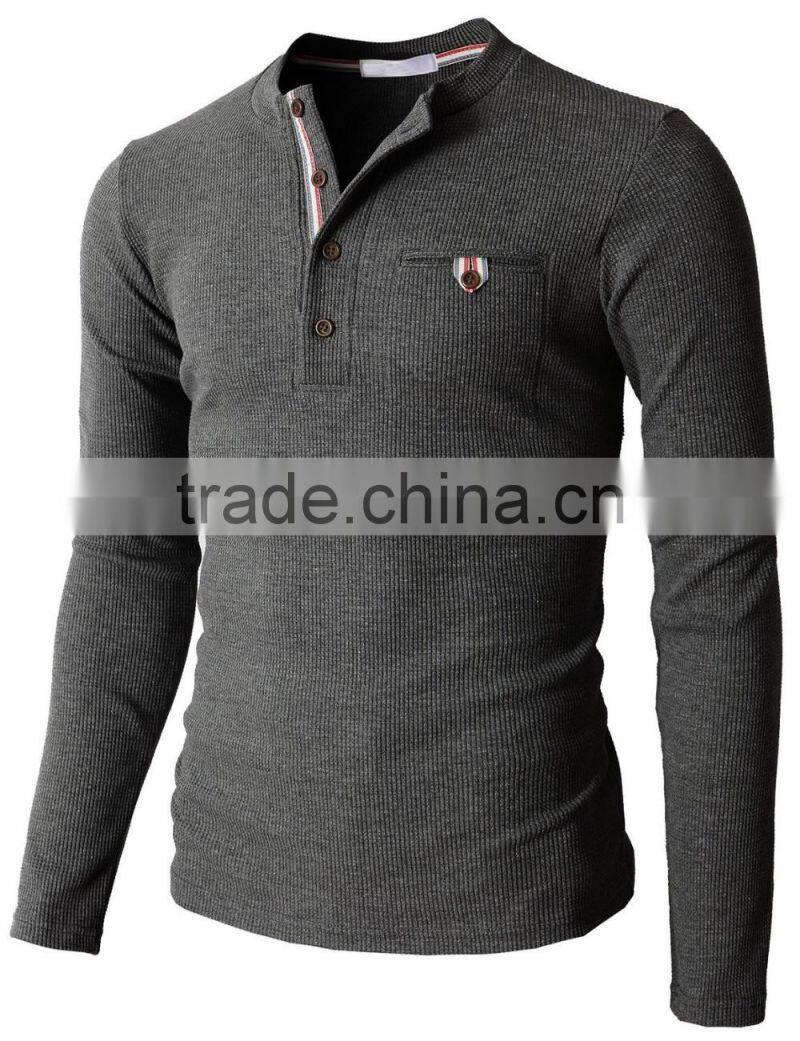 Mens Trendy Bound Pocket Waffle Cotton Knit Long Sleeve Henley Shirts
