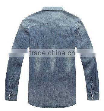 2016 new double pockets slim fit stone washed denim shirt for man