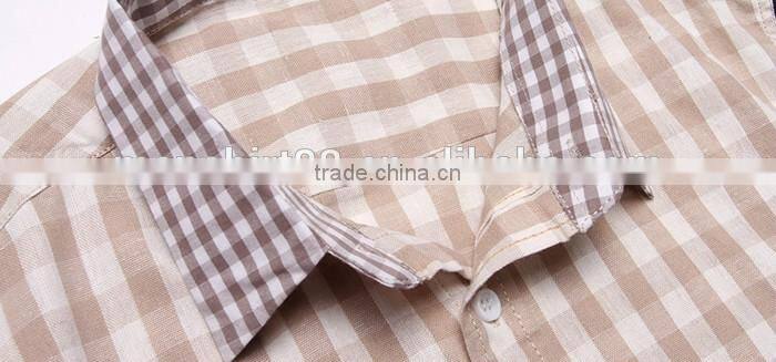 2016 khaki color men plaid linen shirt