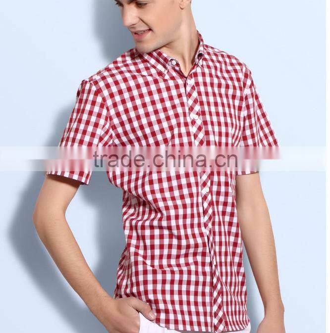 Plaid young style deep blue short sleeve summer collar button men casual shirt