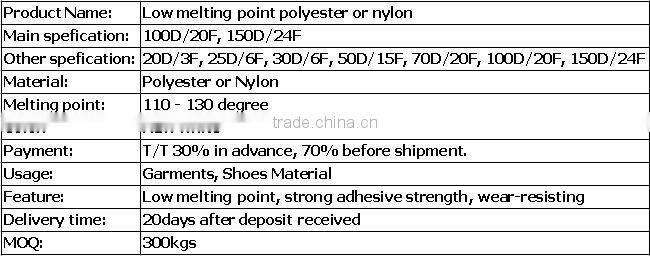 Raw Material Polyester Melting Point yarn 20D100D 150D for Shoes Garments