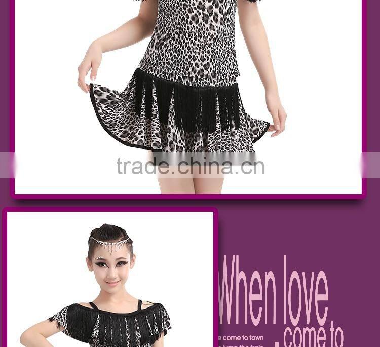 Girls Sexy Leopard Latin Dance Skirt Suits Children Kids Performance Latin Fringe Dress