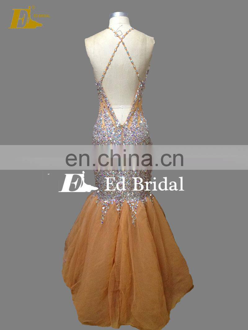 Mermaid Patterns Straps Cross Backless Champagne Heavy Beaded Sexy Prom Dress For Girls