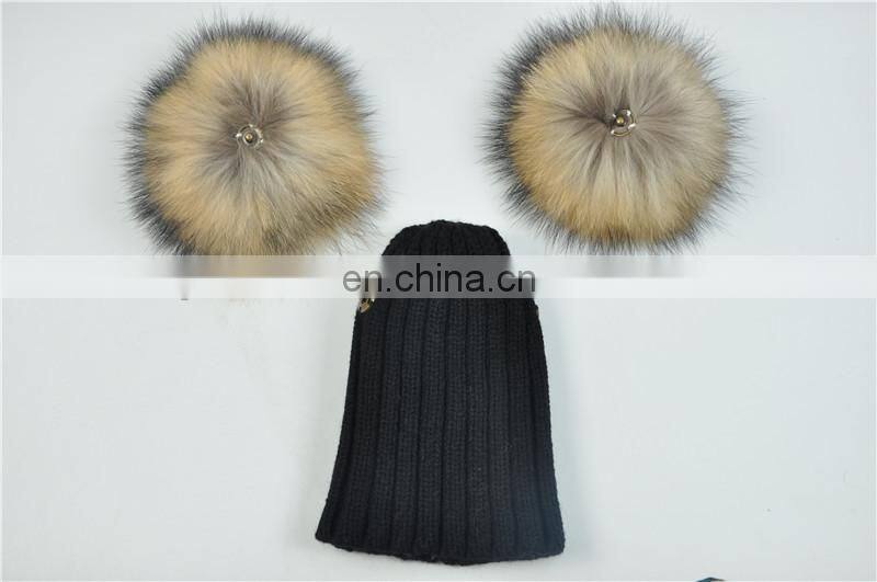 High Quality Kids Knitted Beanies Hat Double Big Raccoon Fur Pom Pom Hat Baby