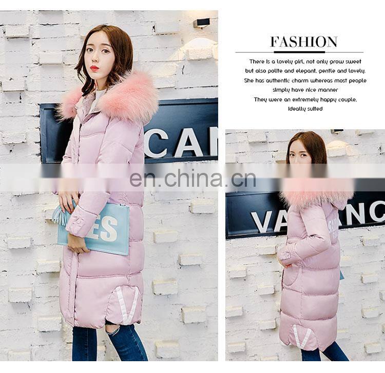 2017 new Korean version of Slim big code solid color hooded large hair collar long feather cotton women