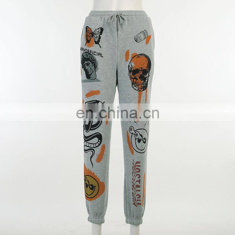 2021 autumn and winter new fashion street trend multi-pattern printing strap thick warm casual pants