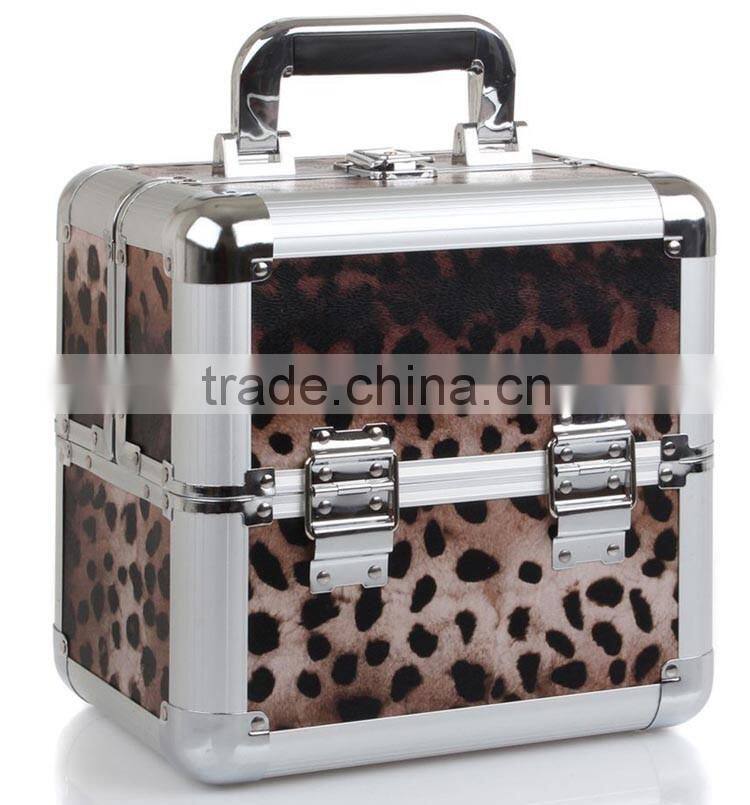 custom travel cosmetic organizer makeup artist train case,leather aluminum makeup train case,leopard aluminum nail makeup case
