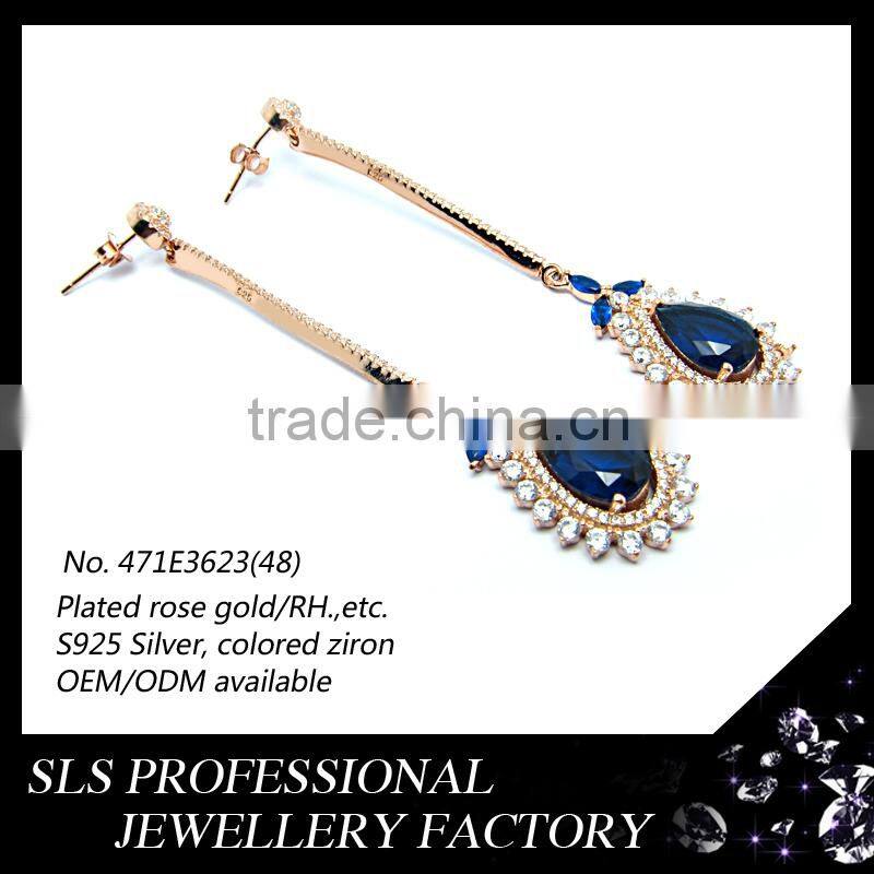 Alibaba gold member SLS jewelry wholesale fashion gold plated earrings prong setting bridal sterling silver long drop earrings