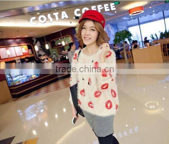 2015 new product lip shape pullover long knitting sweater for lady