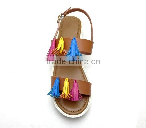 Latest ladies fancy design black pu leathaer flat sandals with ankle tassel strap women summer shoes pictures