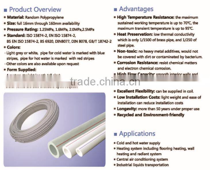 Liansu PPR water pipe for cold water or for hot water PPR pipe