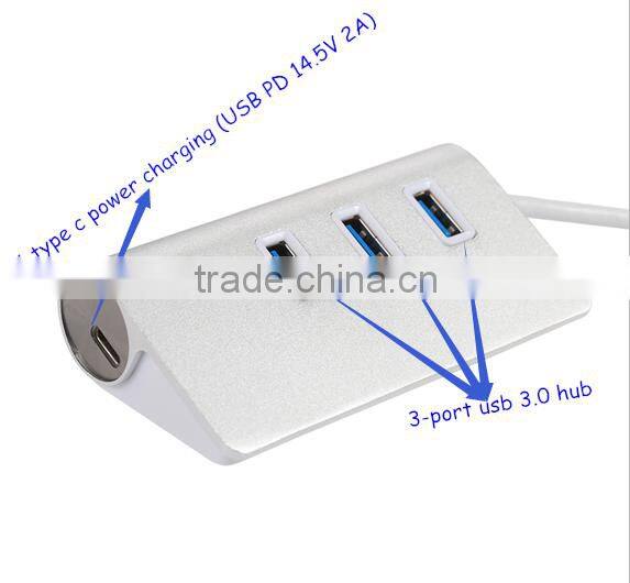 High performance 3-port type c usb 3.1 hub with PD chipset, and 14.5V, 2A type c power charging for Macbook