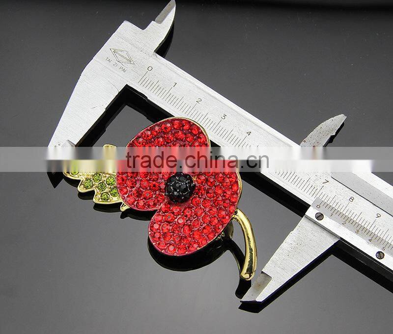 2015 wholesale red and green fashion pins crystal poppy bridal jewelry brooches bouquet