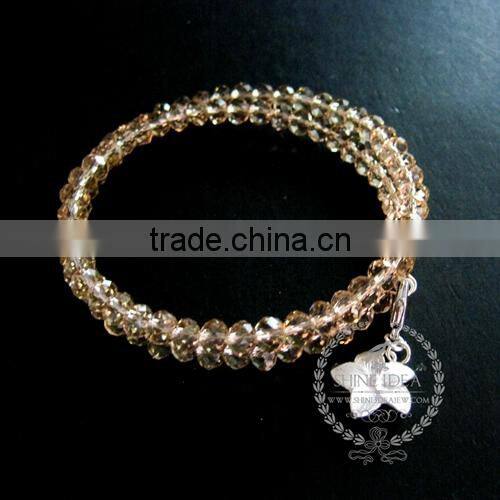 silver flower charm purple,champagne colour crystal faceted glass beads 2 layers wiring bangle fashion bracelet 6490053