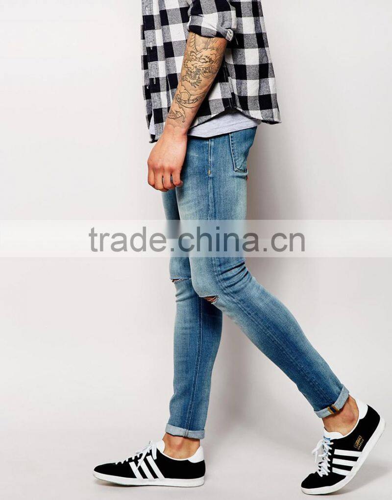 men brand jeans Super Skinny Fit Distressed denim man jeans pant with Rip Knee blue country jeans price for jeans(LOTA047)