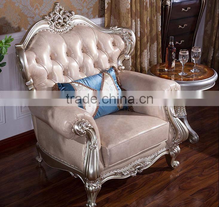 Classic European style living room solid wood magnolia flower hand carving genuine leather sofa set