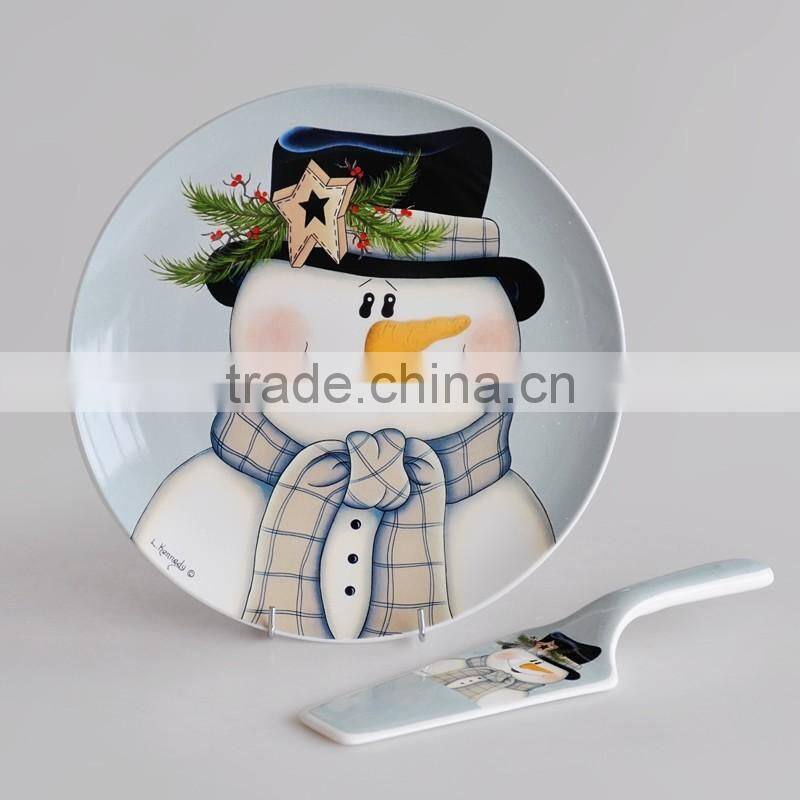 Porcelain Christmas cake plate with server, X'mas design promotional plate