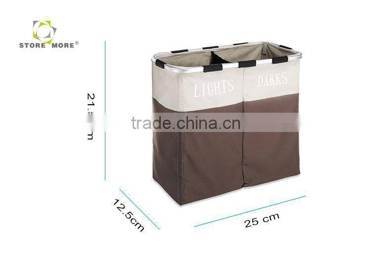 Double Basket Folding Collapsible Laundry Basket With Oxford Fabric, Brown