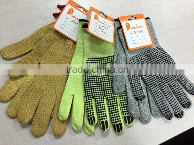 DDSAFETY 13G Hi Vis Fiberglass Protective Glove With Black PVC Dots On Plam Anti Cut Safety Gloves