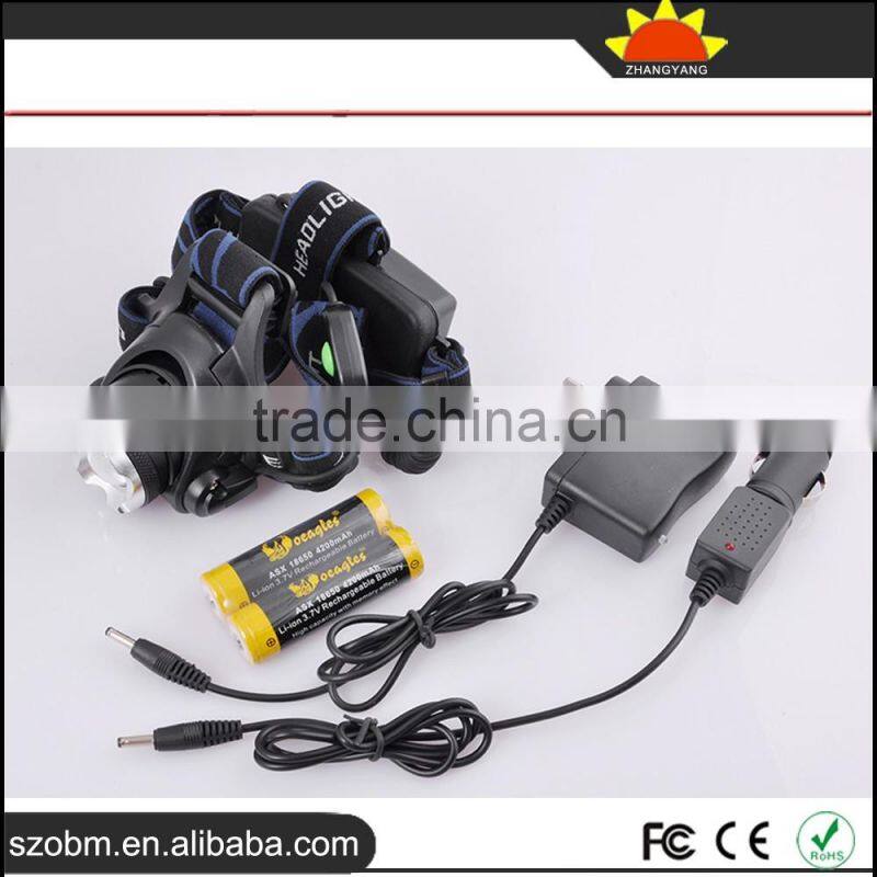 Wholesale high quality XML T6 LED 2000 Lm Remote control Rechargeable Headlamp with 18650 Battery, charger and car charger