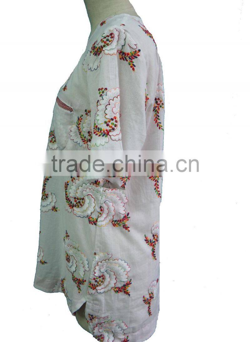 Floral Hand Embroidery Designs Round Collar Short Sleeve with Front Pocket Blouse Tunic Dress